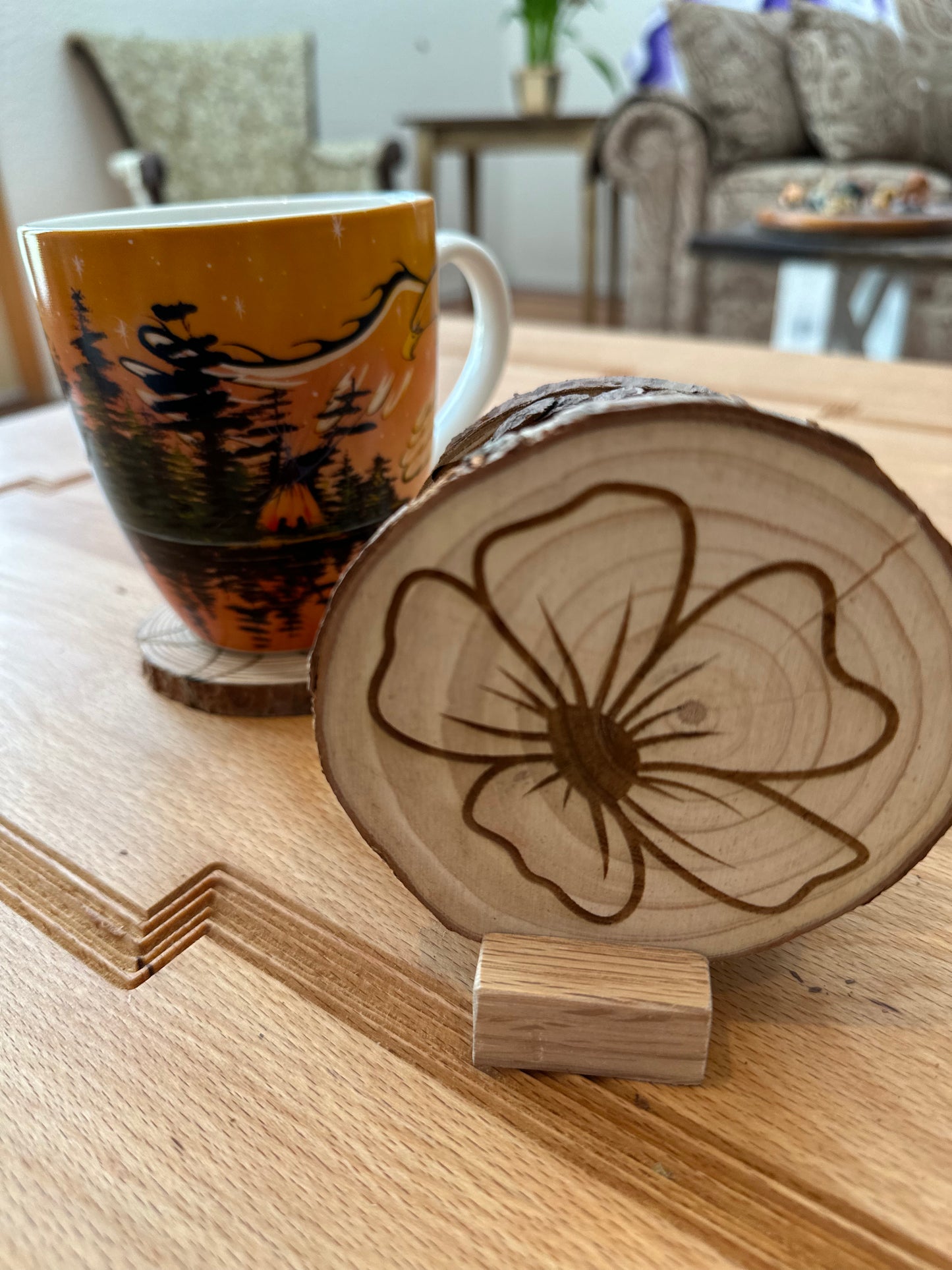 Coasters - Floral Engraved Natural Wood Cut