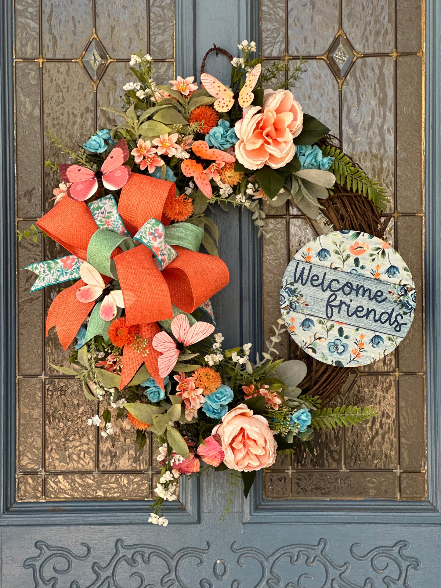 Wreath - Spring Peach and Blue with Butterflies