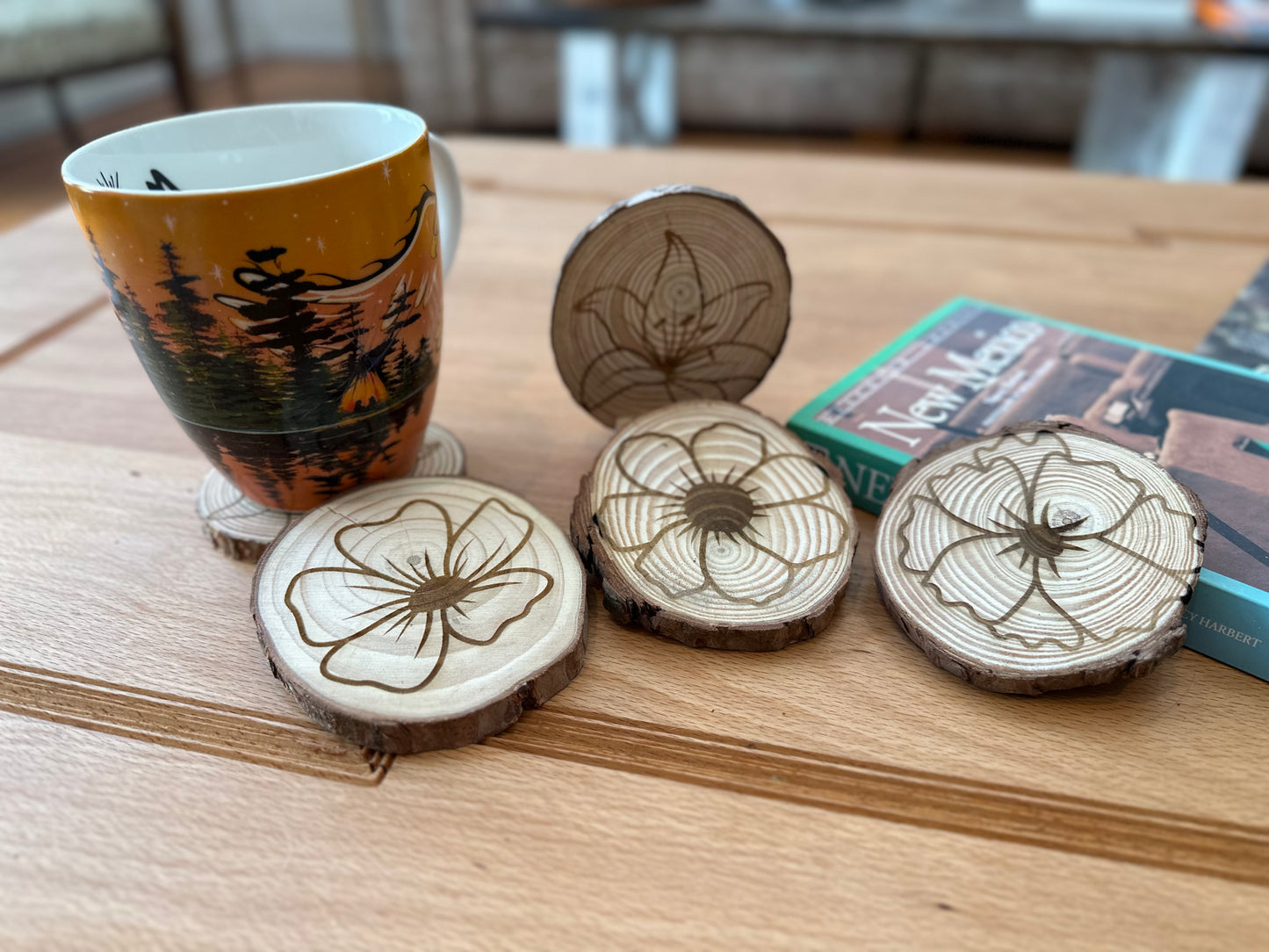 Coasters - Floral Engraved Natural Wood Cut