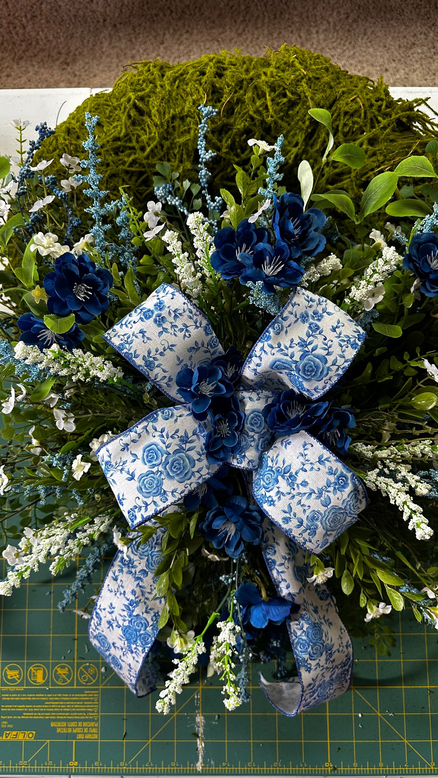 Wreath - Blue and White Moss Covered