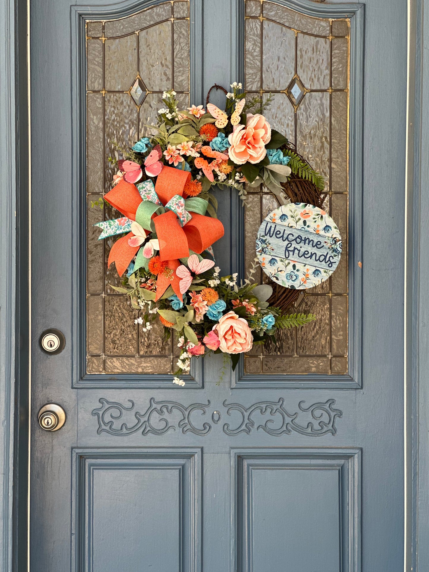 Wreath - Spring Peach and Blue with Butterflies