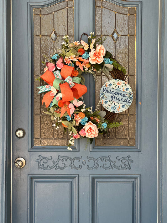 Wreath - Spring Peach and Blue with Butterflies