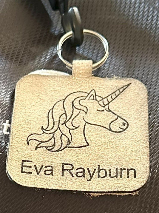 custom personalized engraved leather backpack tag front closeup