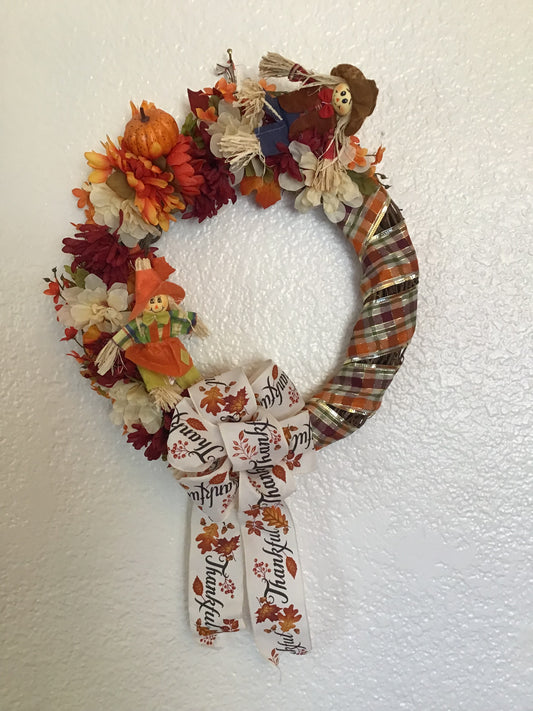 Wreath - Scarecrows and Flowers with Thankful bow