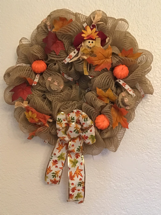Wreath - pumpkins, straw hats, and scarecrows