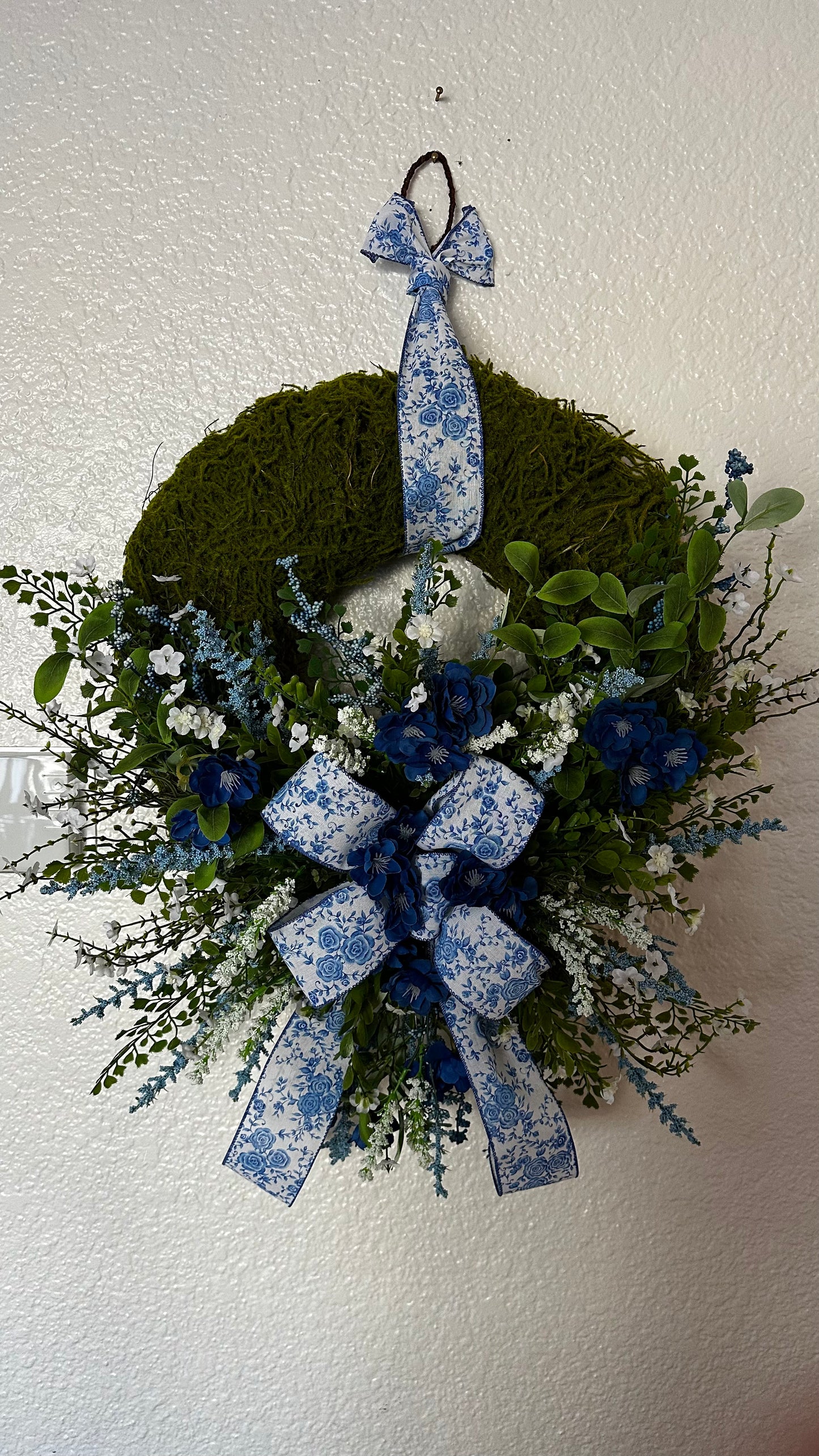 Wreath - Blue and White Moss Covered
