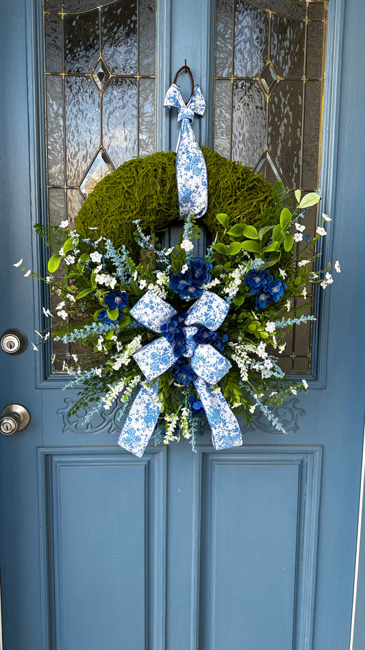 Wreath - Blue and White Moss Covered