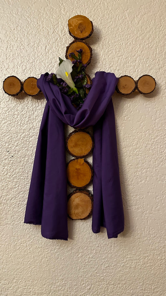 Wooden Cross with Purple Drape